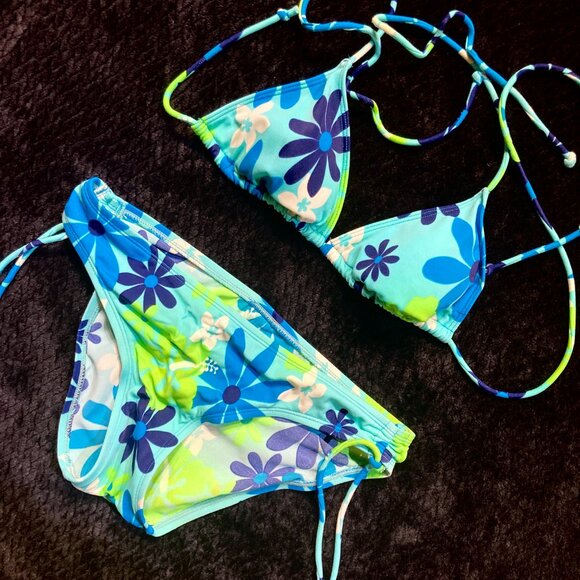 Vtg 90s Y2K 2pc String Bikini Set Hawaiian Tropical Floral Blue Green Delias S/M - Picture 1 of 4